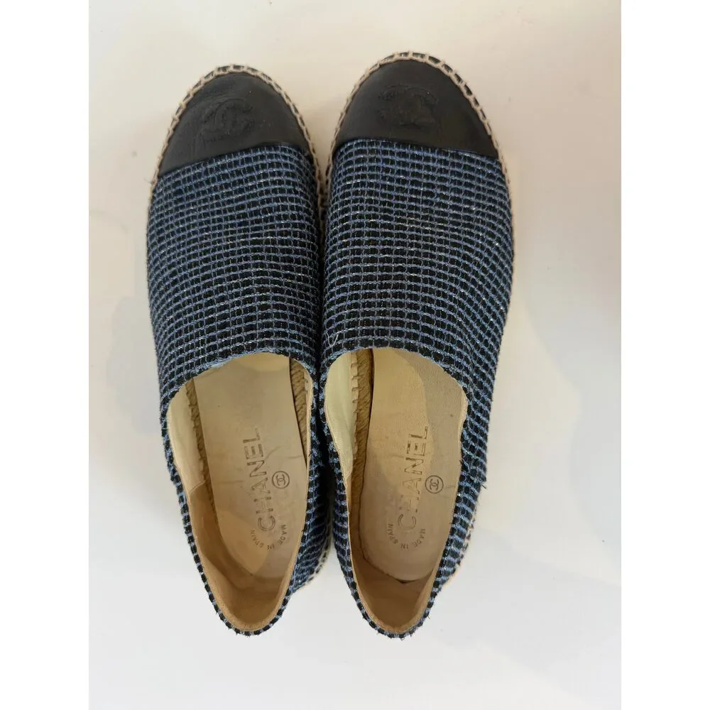 Chanel Blue Black Tweed CC Leather Cap Espadrille Flats